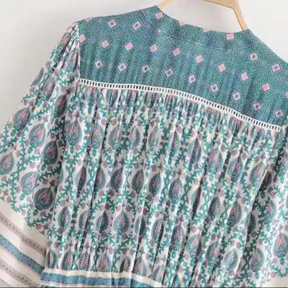 Bohemian Gypsy Print Kimono Maxi Dress Blue Cream - Picture 6 of 9
